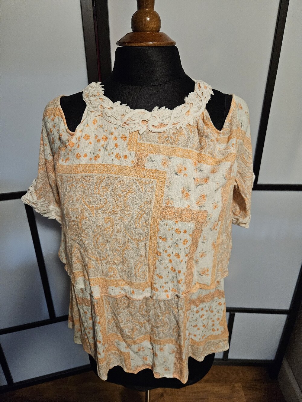 Cato Cream and Peach Cold-Shoulder Peasant Tunic Cottagecore Boho